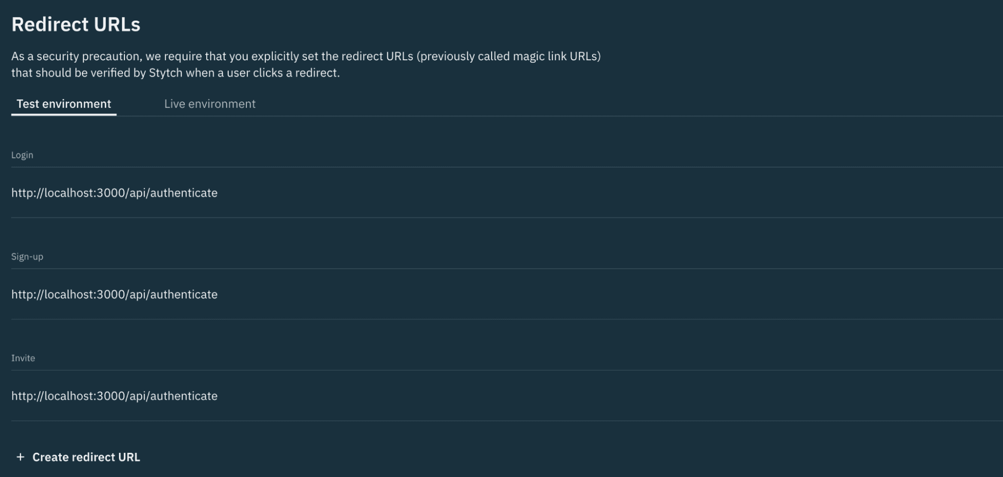 Stytch redirect URL settings