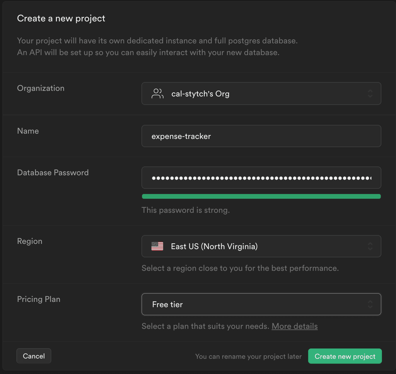 New Supabase project settings